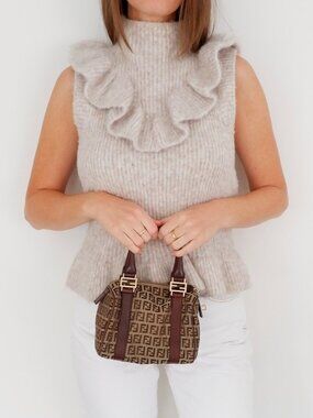 Authentic Preowned Fendi Brown Zucchino Canvas Small Forever Bauletto Boston Bag